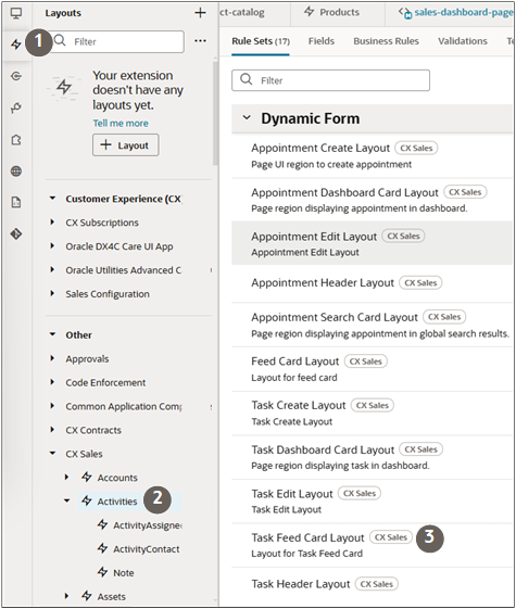 Oracle Visual Builder Studioの「レイアウト」タブ。タスク・フィード・カード・レイアウトへのナビゲーションが強調表示されています
