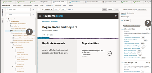 アカウント詳細ページを表示してパネル・コンテナ・レイアウトを選択したときのOracle Visual Builder Studioページのメイン部分のスクリーンショット