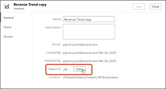 これは、Oracle Analytics CloudのオプションIDをコピーする方法のスクリーンショットです。