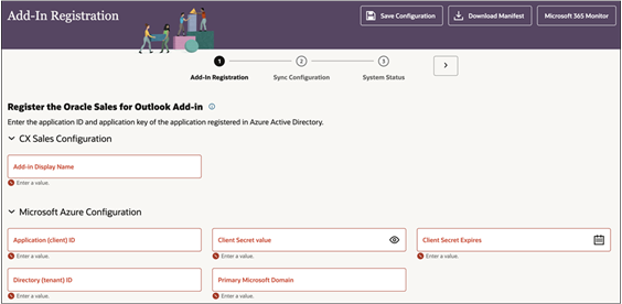 入力する必要があるフィールドを含む「アドイン登録」ページの例。