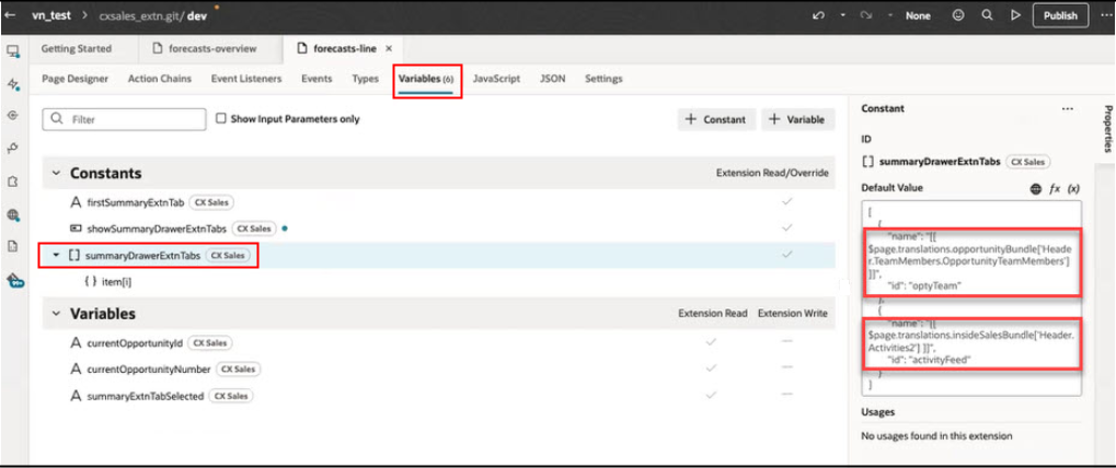 例Visual Builder「予測商談要約」ドロワーのタブの「定数」および「変数」領域が強調表示されたStudio画面