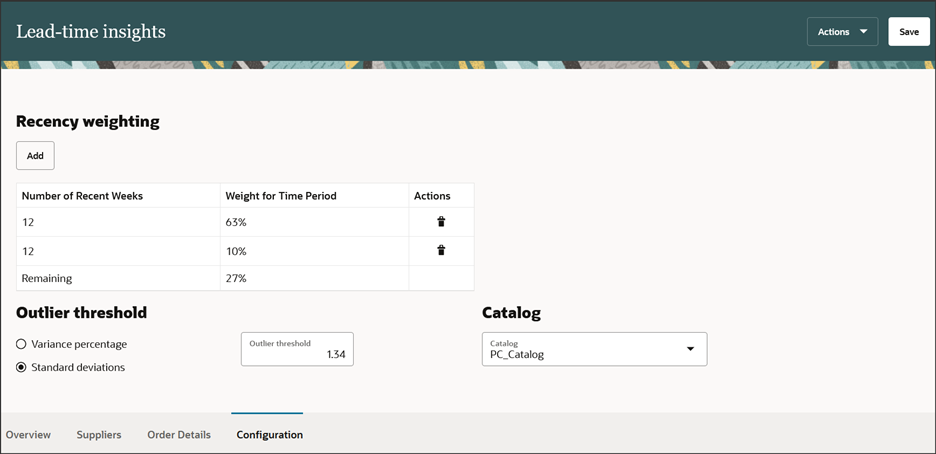 これは、リーセンシ加重、外れ値しきい値およびカタログ・セットがある構成ページのスクリーンショットです。