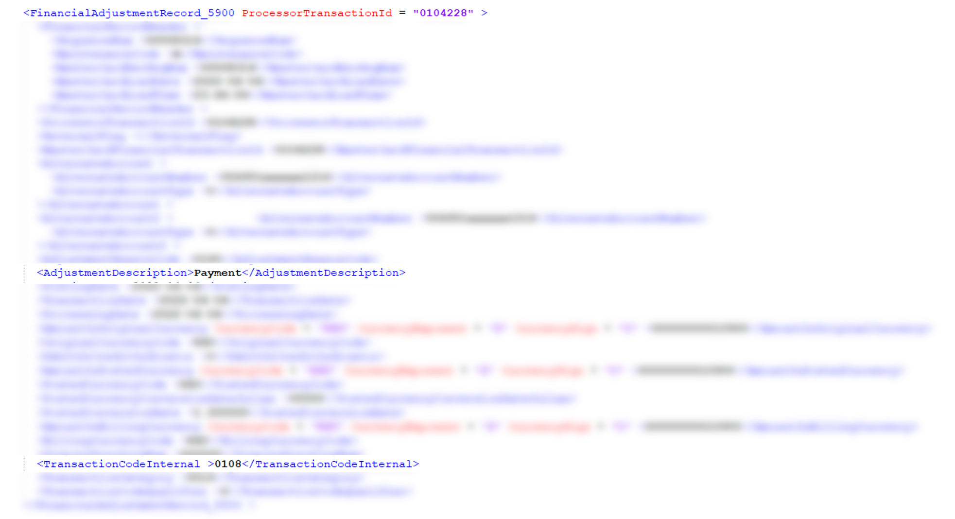 この図は、修正摘要にPaymentという単語が含まれ、トランザクション・タイプが0108である<FinancialAdjustmentRecord_5900>レコードの例を示しています。