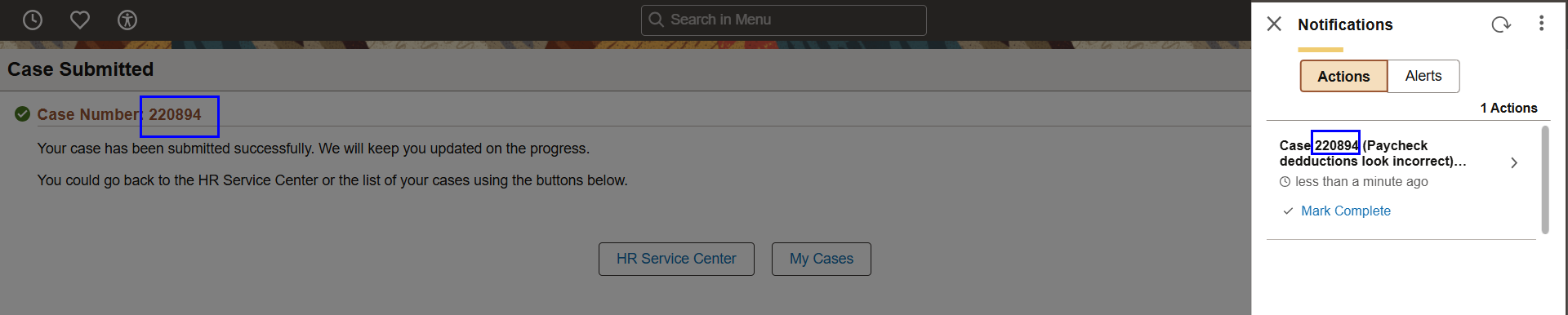 In-app notification for a questionnaire triggered when saving the case