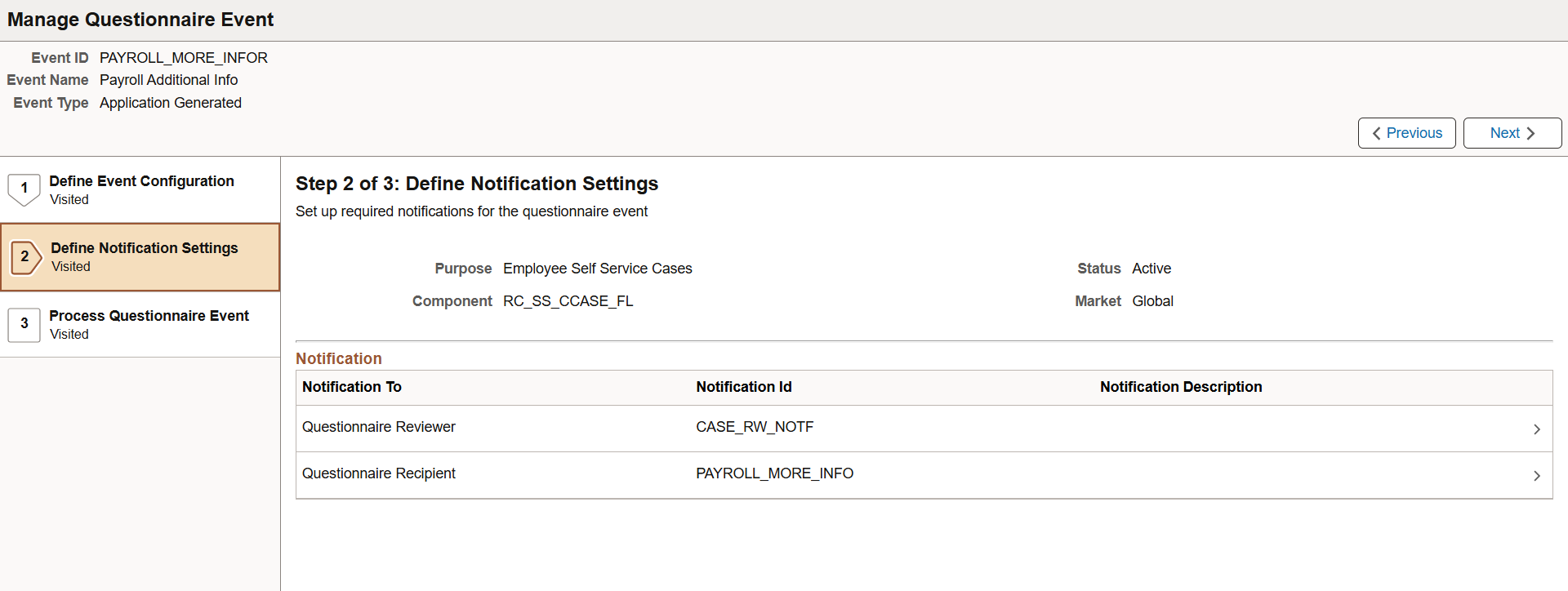 Define Notification Settings page