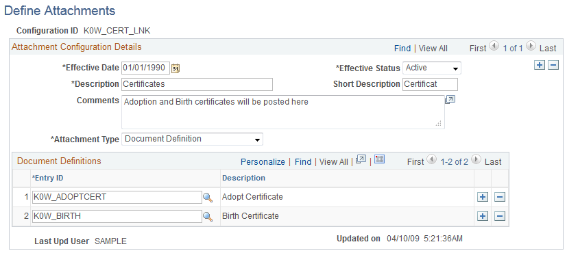 Define Attachments page - displaying the Document Definition attachment type for the selected attachment