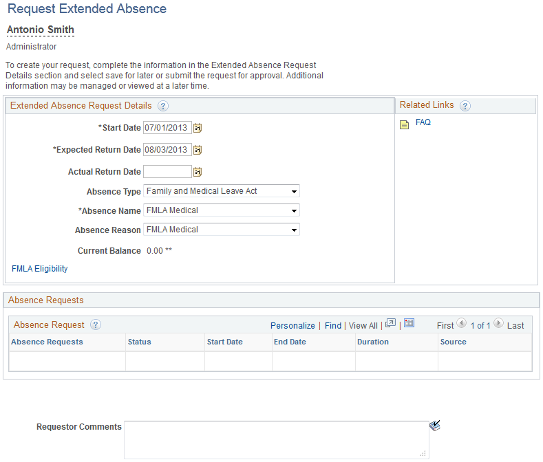 Request Extended Absence page