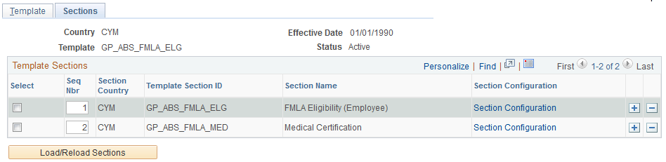 Template Definition - Sections page