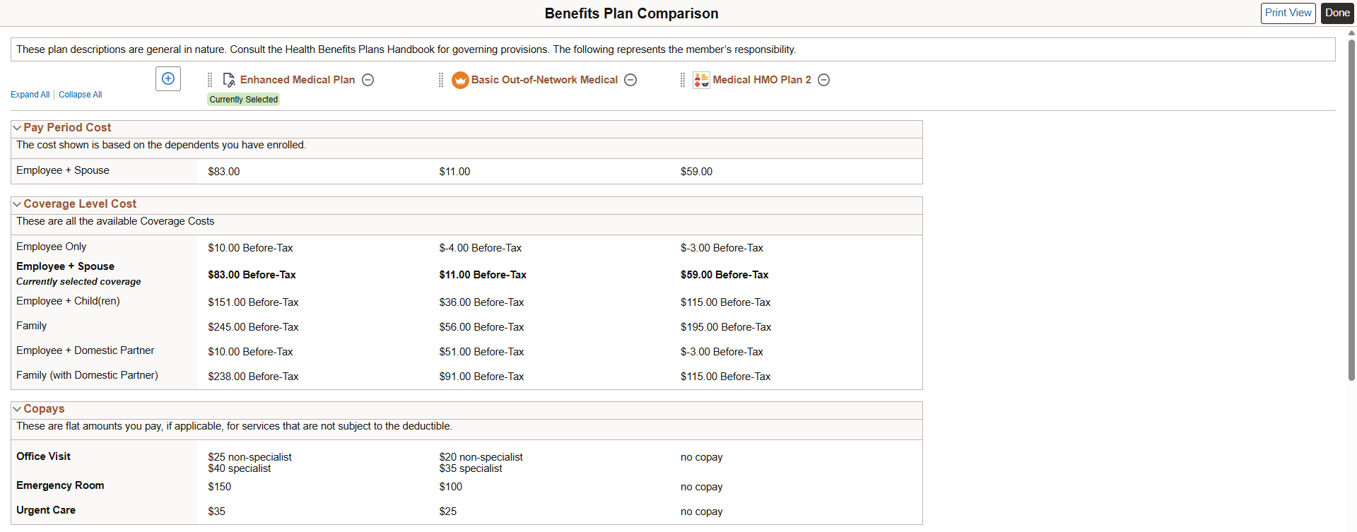 Benefits Plan Comparison page (Page 1 of 2)