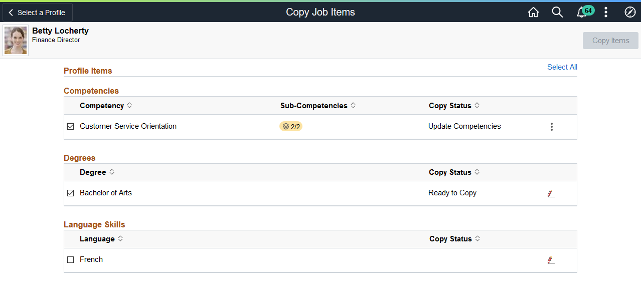 Copy Job Items page