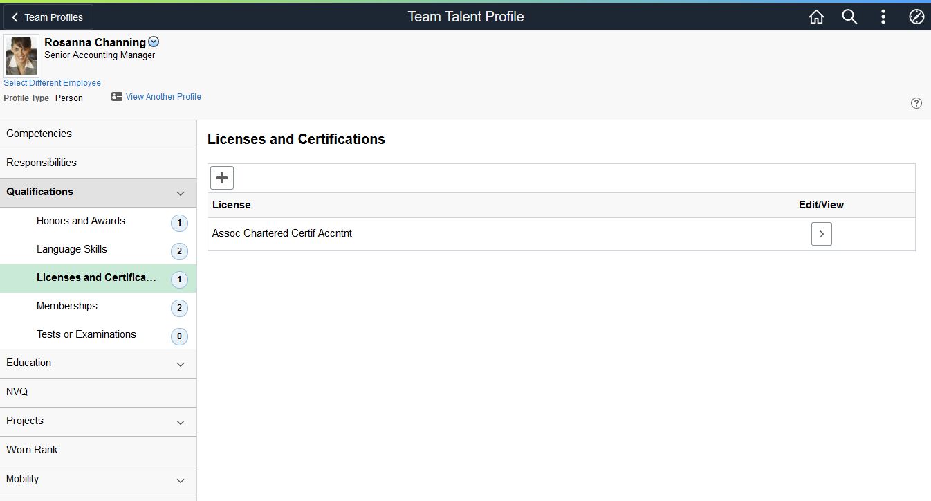 (Tablet) Team Talent Profile page for Qualifications