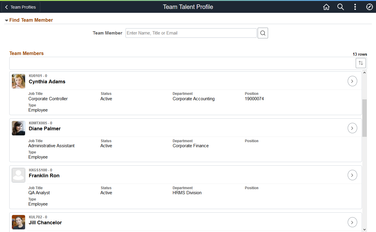 Team Talent Profile - Find Team Member Page
