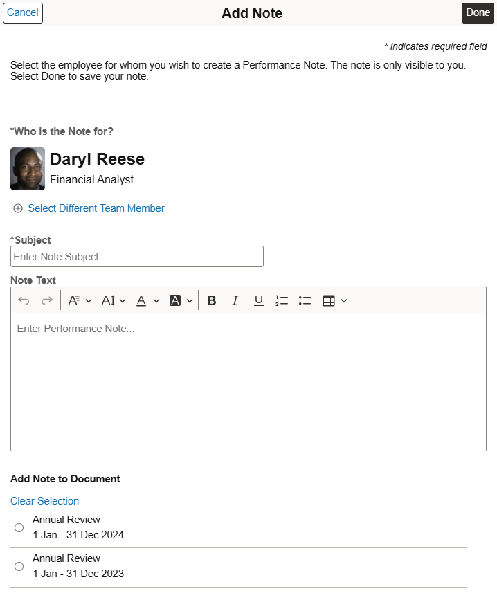 Add Note page