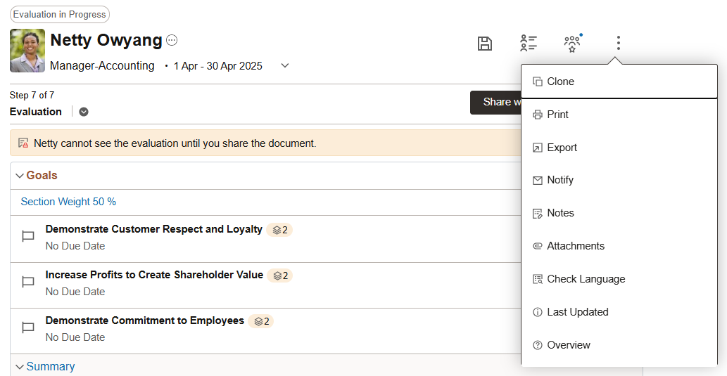 More Actions menu at the document level (document header)