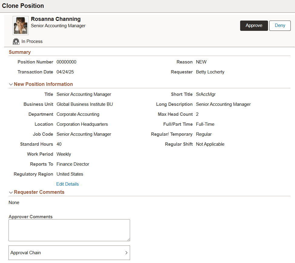 Pending Approvals - Clone Position page for the final approver