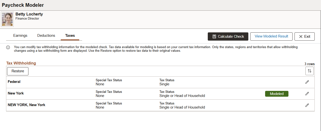 Paycheck Modeler - Taxes page