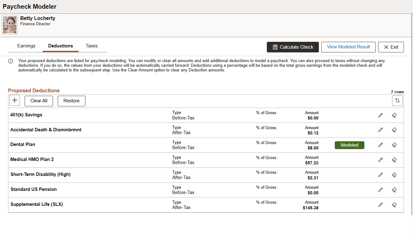 Paycheck Modeler - Deductions page