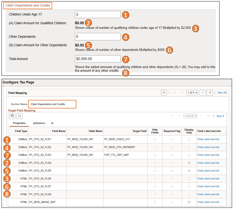 Paycheck Modeler tax page and corresponding tax page configuration