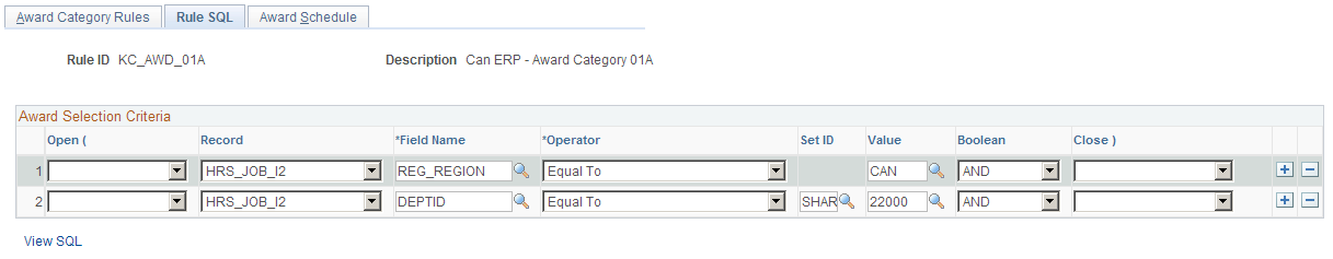 Referral Category Rules - Rule SQL page