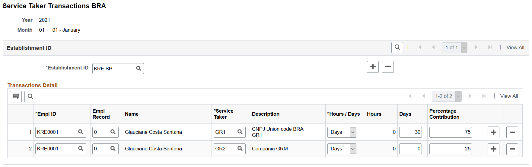 Service Taker Transactions BRA page