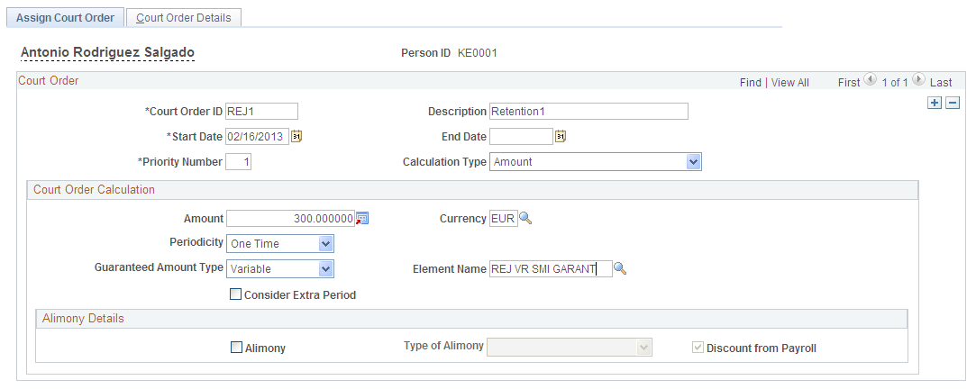 Assign Court Order page