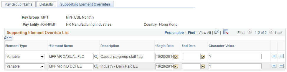 Supporting Element Overrides page showing MPF VR CASUAL FLG and MPF VR IND DLY EE elements