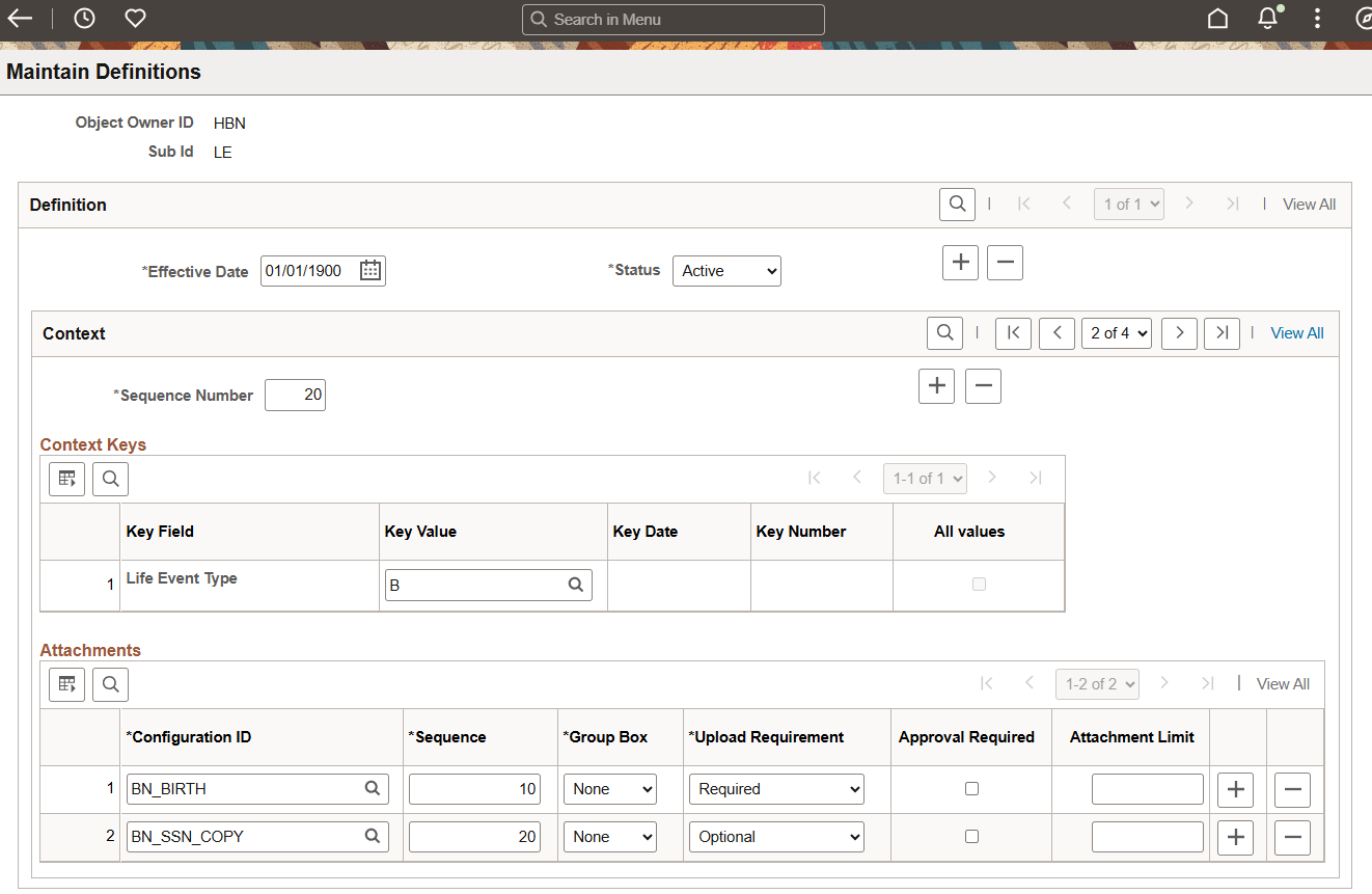 Maintain Definitions Page for the HBN object owner ID