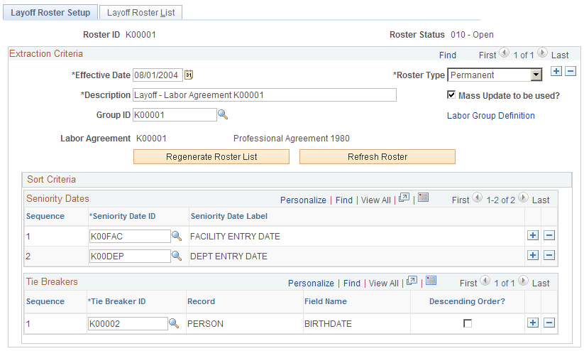 Layoff Roster Setup page