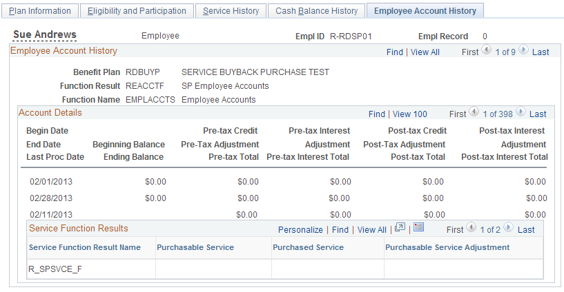 Employee Account History page