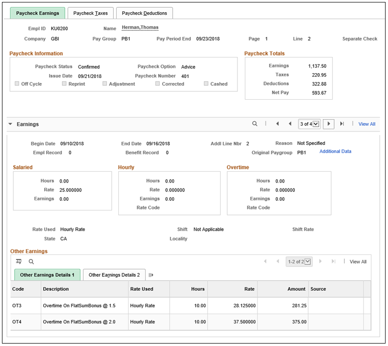 Display of updated hourly rates (multiplication factor applied) and amounts for overtime on flat sum bonus on paycheck