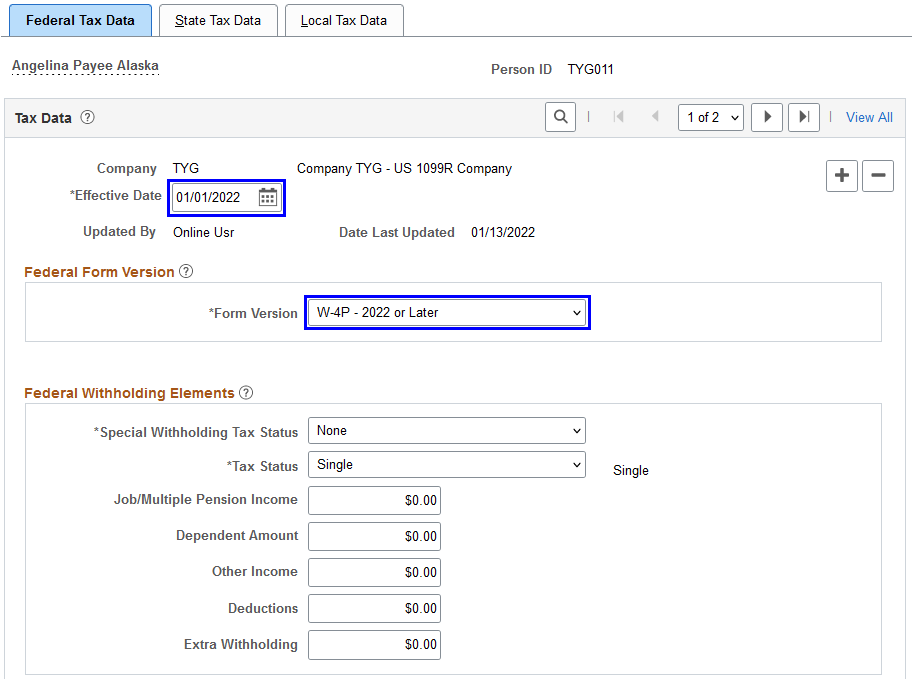Updating federal and state tax data on or after January 1, 2022 for a payee