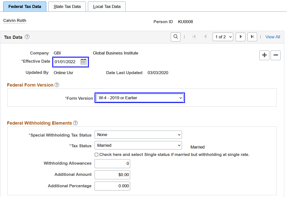 Updating state tax data on or after January 1, 2020 (January 1, 2022 in this example). No changes on the Federal Tax Data page.