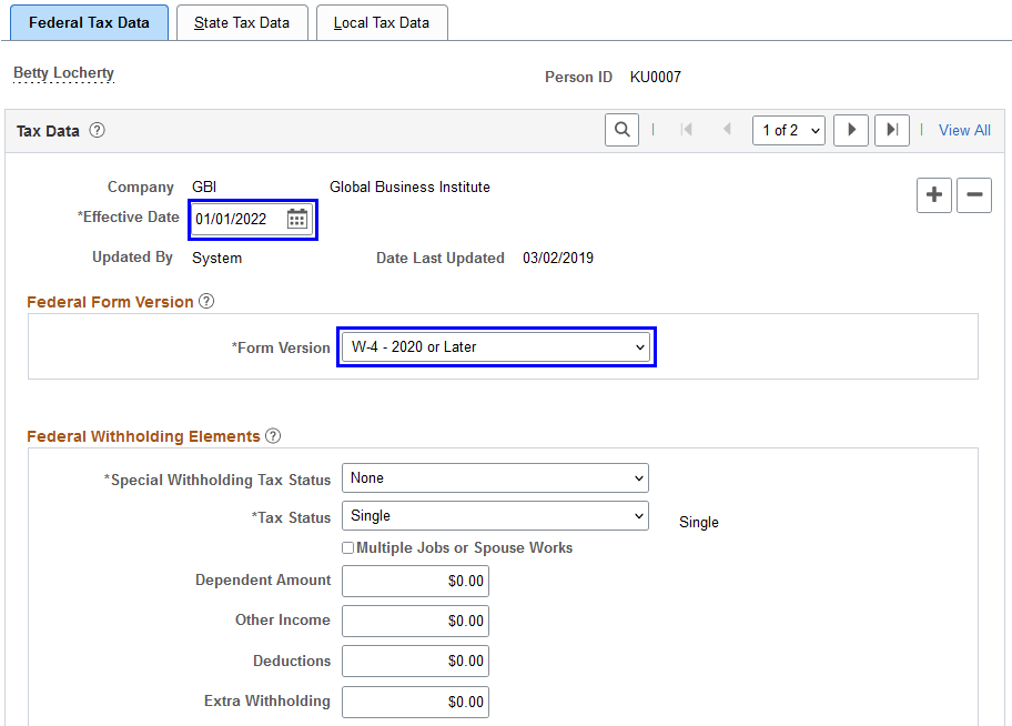 Updating federal and state tax data on or after January 1, 2020 (January 1, 2022 in this example) for an employee