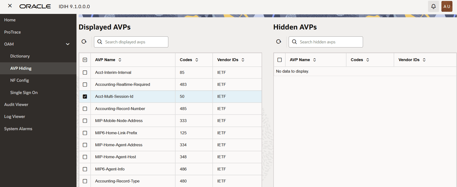 Displayed AVPs Displayed AVPs