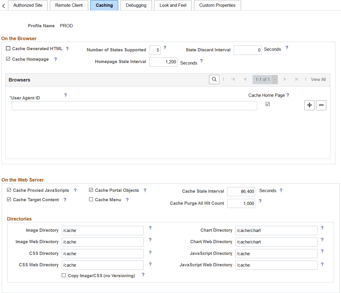 Web Profile Configuration - Caching page