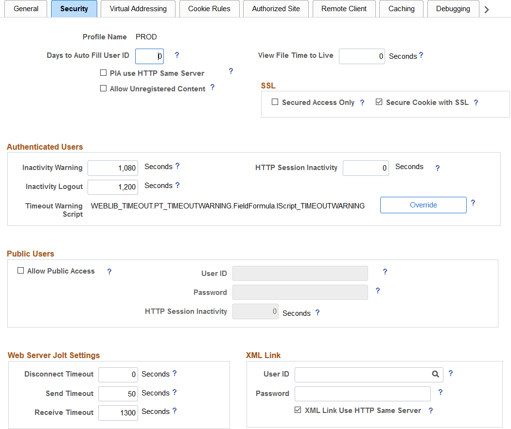 Web Profile Configuration - Security page