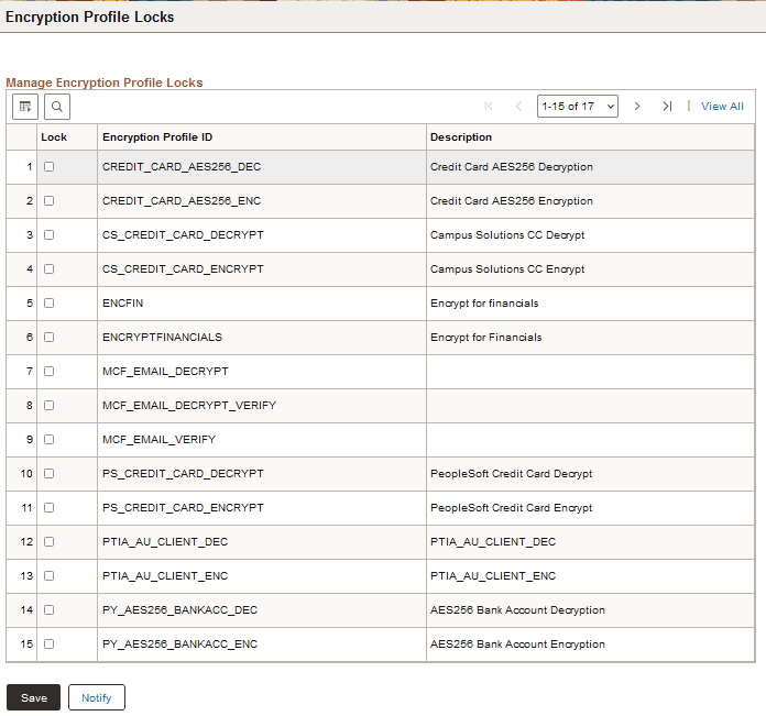 Manage Encryption Profile Lock page