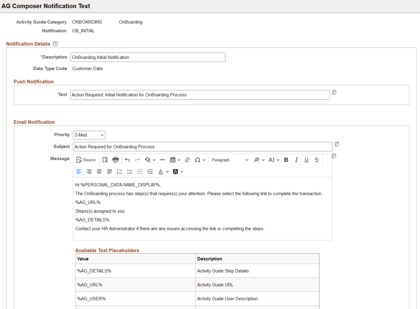 AG Composer Notification Text page
