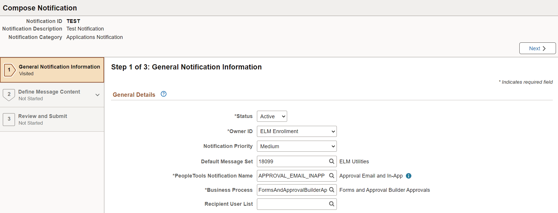 Step 1 of 3, General Notification Information page