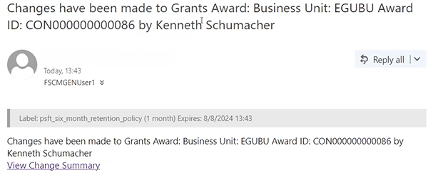 Example: FSCM notification email for Grants Award