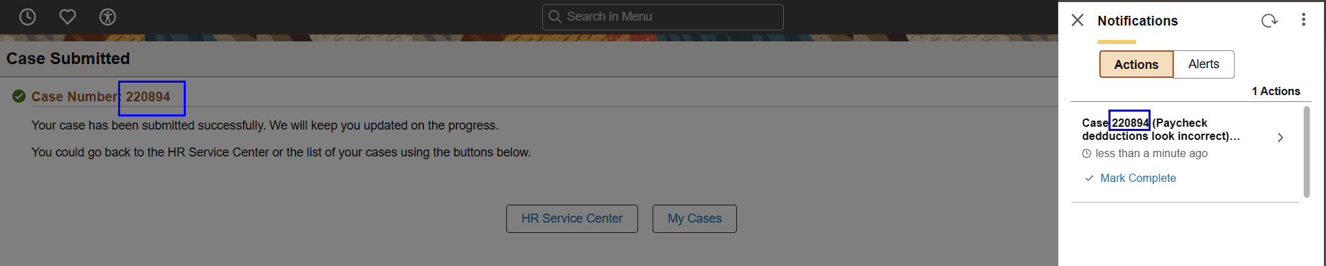 In-app notification for a questionnaire triggered when saving the case
