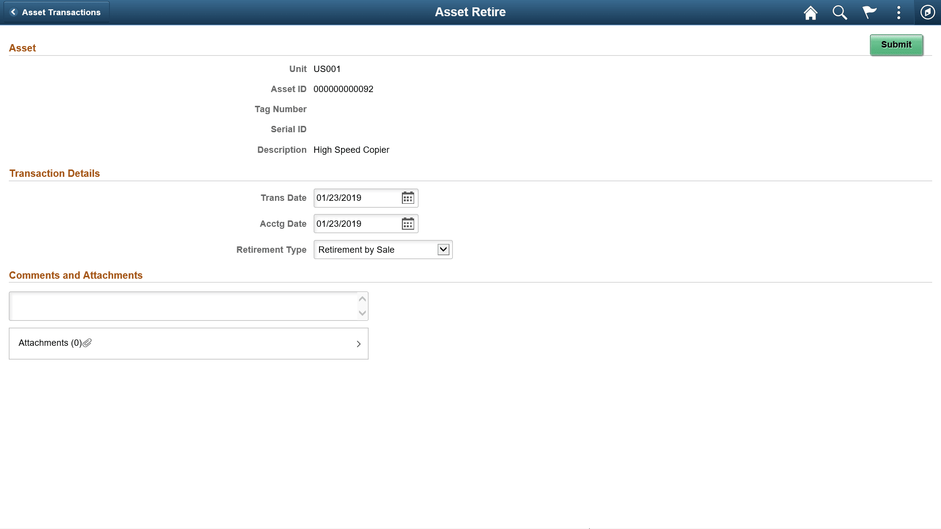Asset Retire page