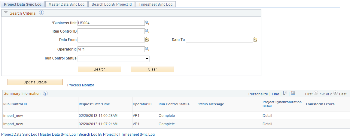 Project Data Sync Log page