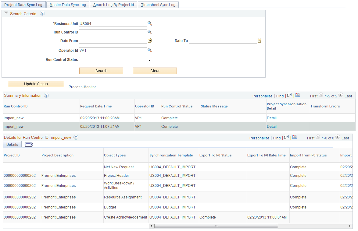 Project Data Sync Log page (Details for the Run Control) (1 of 2)