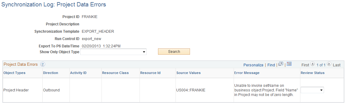 Synchronization Log: Project Data Errors page