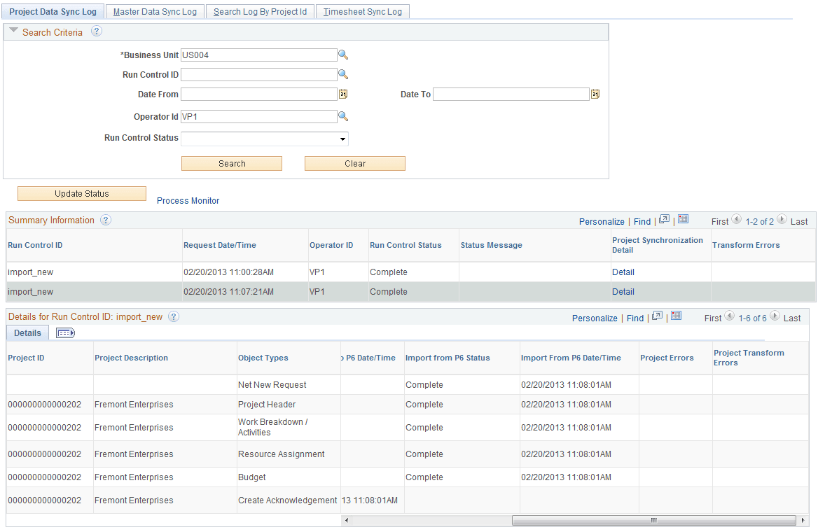 Project Data Sync Log page (Details for the Run Control) (2 of 2 horizontal scroll bar)