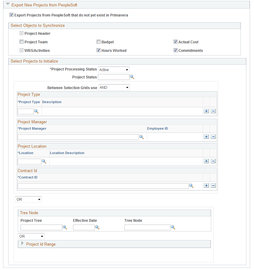 Synchronize Net New Projects page (Export New Projects from PeopleSoft section expanded)