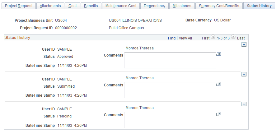 Status History page