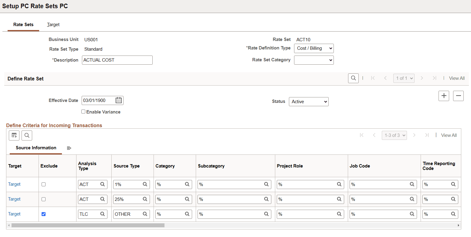 Rate Sets page