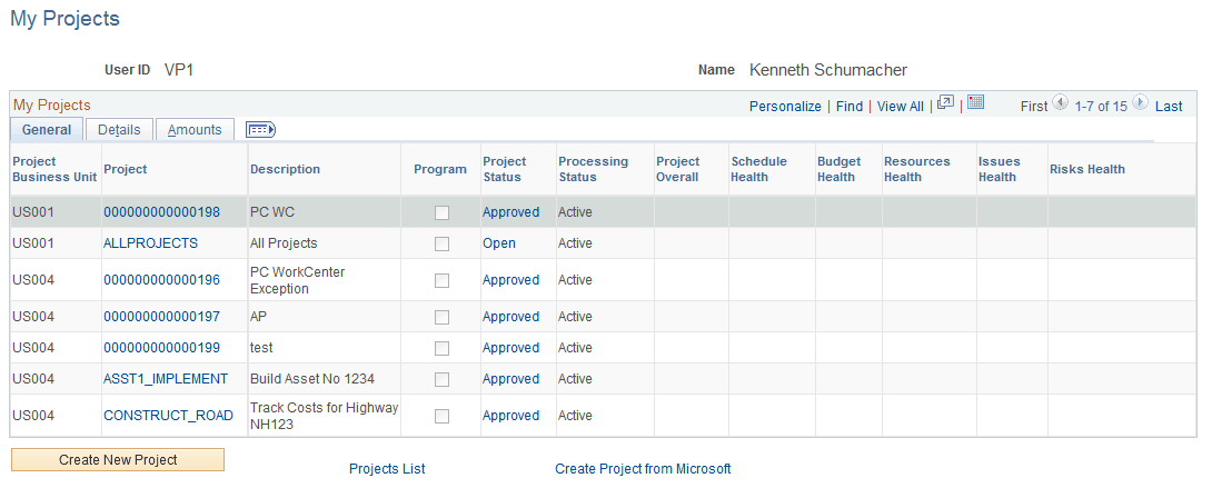 My Projects page